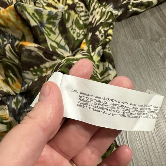 Zara Brown & Green Boho Aztec Print‎ Sheer Long Sleeve Button Down Shirt Size L - Picture 8 of 10